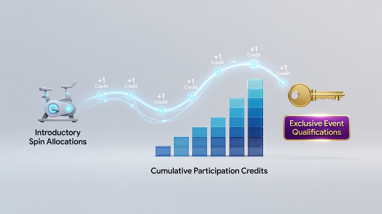 Diagramm zur Spielerprogression von einfachen Spin-Zuteilungen bis hin zu VIP-Event-Qualifikationen über kumulative Credits