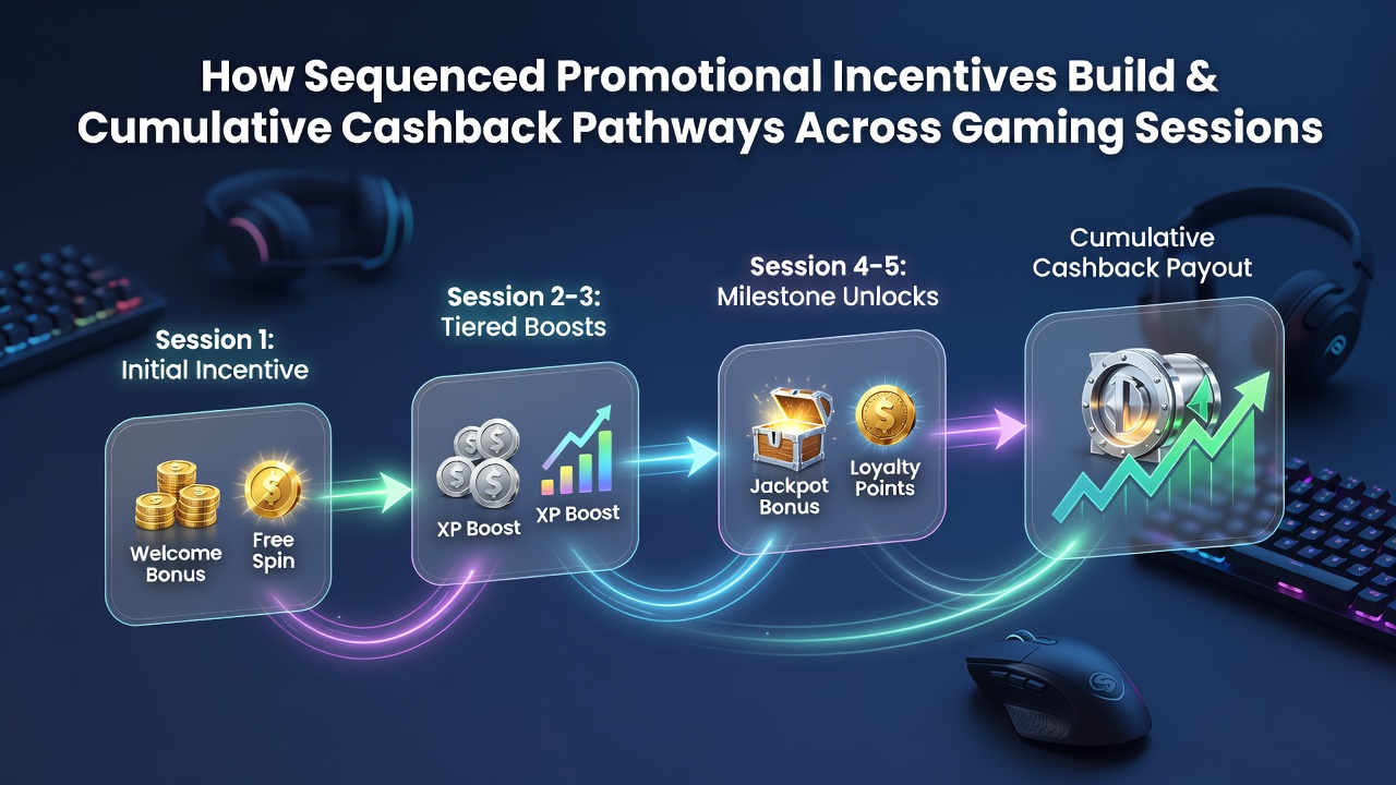Darstellung sequenzierter Promotionsanreize und kumulativer Cashback-Pfade in digitalen Gaming-Plattformen